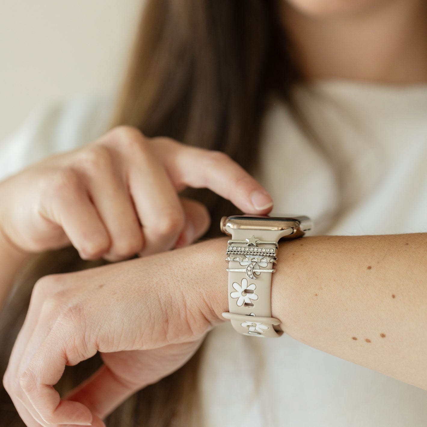 Nude White Daisy Moon-Star Smart Watch Band