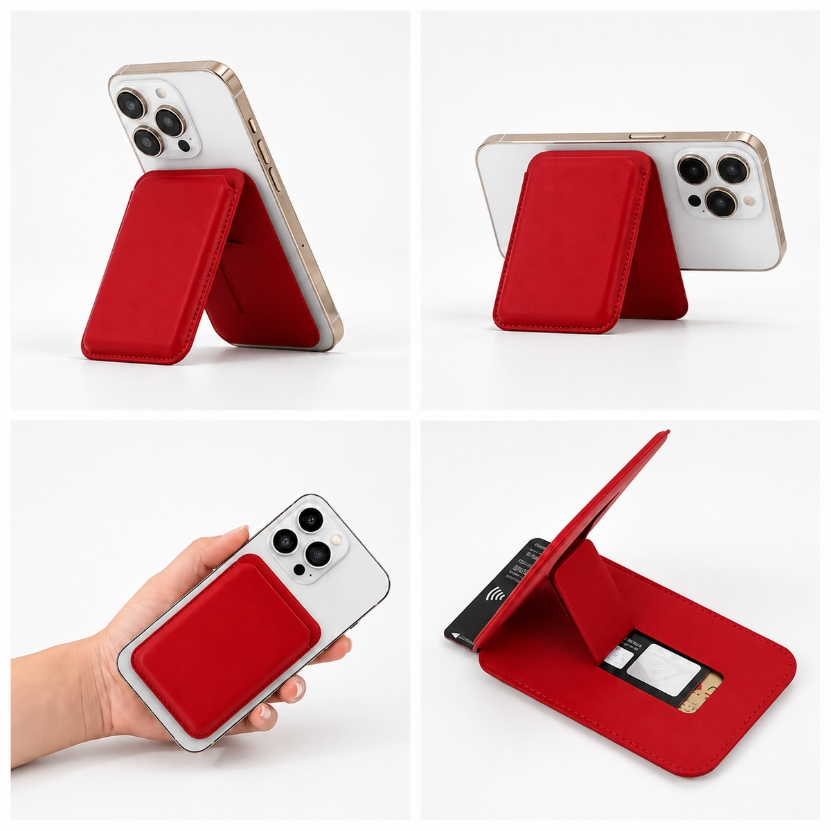 Red Prop Me Up MagSafe wallet stand shown in four views on white