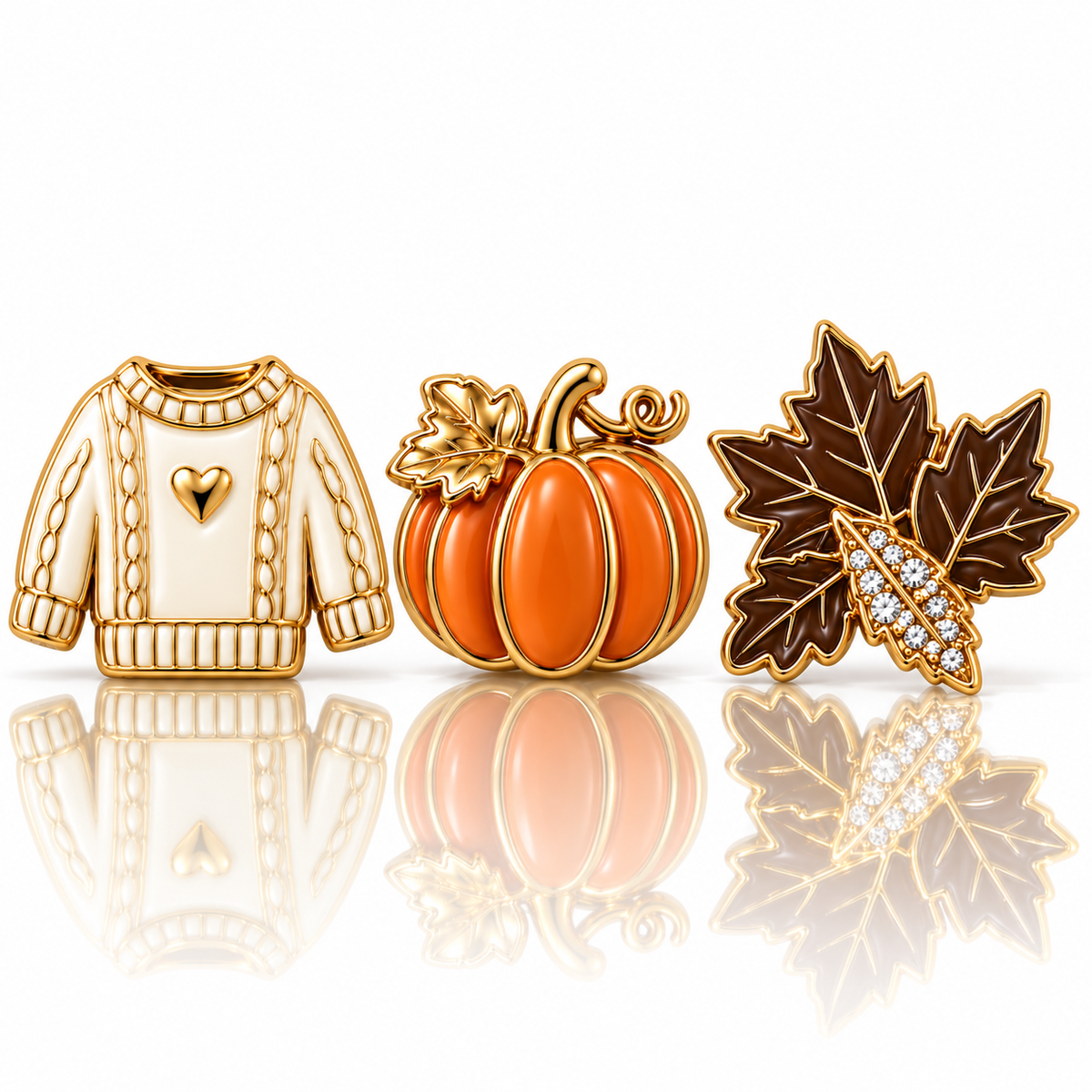 3pc Fall Set — sweater, pumpkin and dark brown leaf-cluster screw-back charms