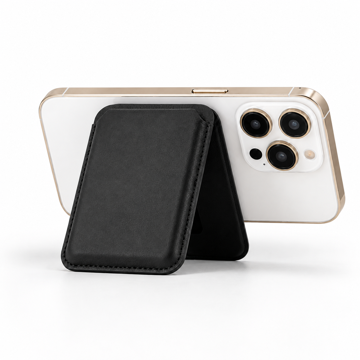 Black Prop Me Up MagSafe wallet stand supporting a phone in landscape on white