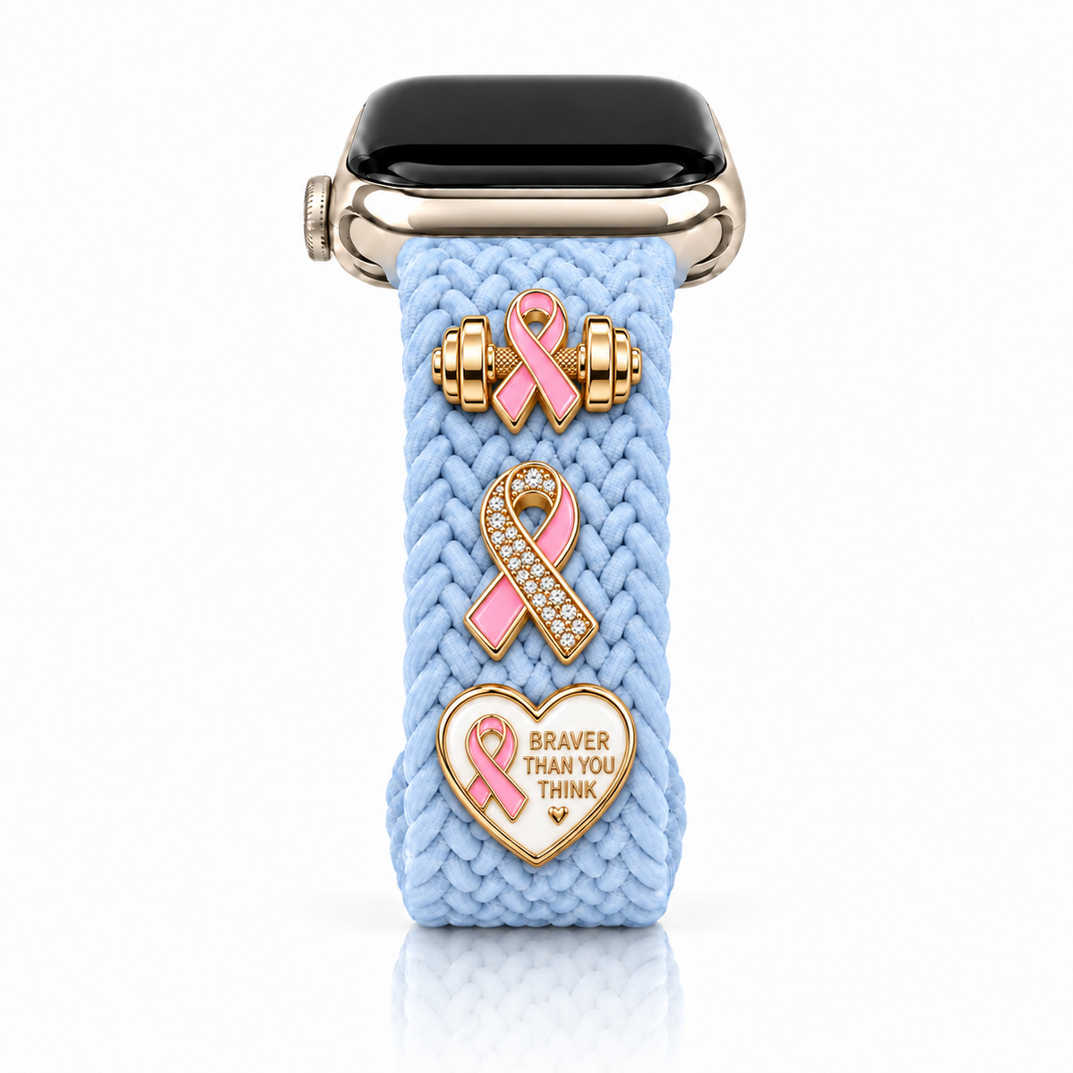 The Cloud Watchband - Bluebell Breeze with three Breast Cancer Awareness screw-back charms