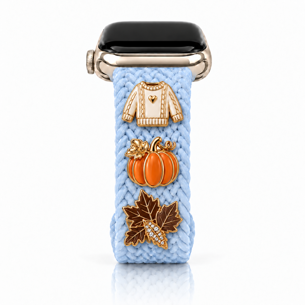 The Cloud Watchband - Bluebell Breeze with three Fall screw-back charms and dark brown leaf
