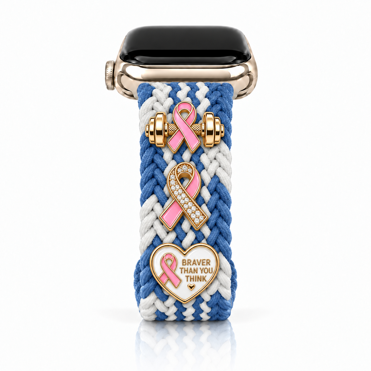 The Cloud Watchband - Bluebell Whimsy with three Breast Cancer Awareness screw-back charms