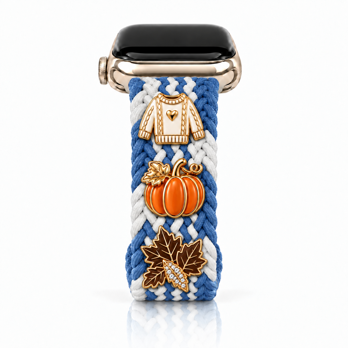 The Cloud Watchband - Bluebell Whimsy with three Fall screw-back charms and dark brown leaf