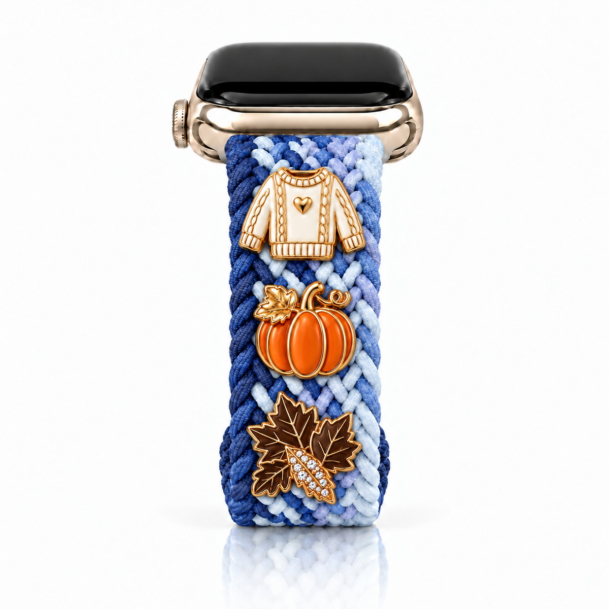 The Cloud Watchband - Blueberry Moonlight with three Fall screw-back charms and dark brown leaf