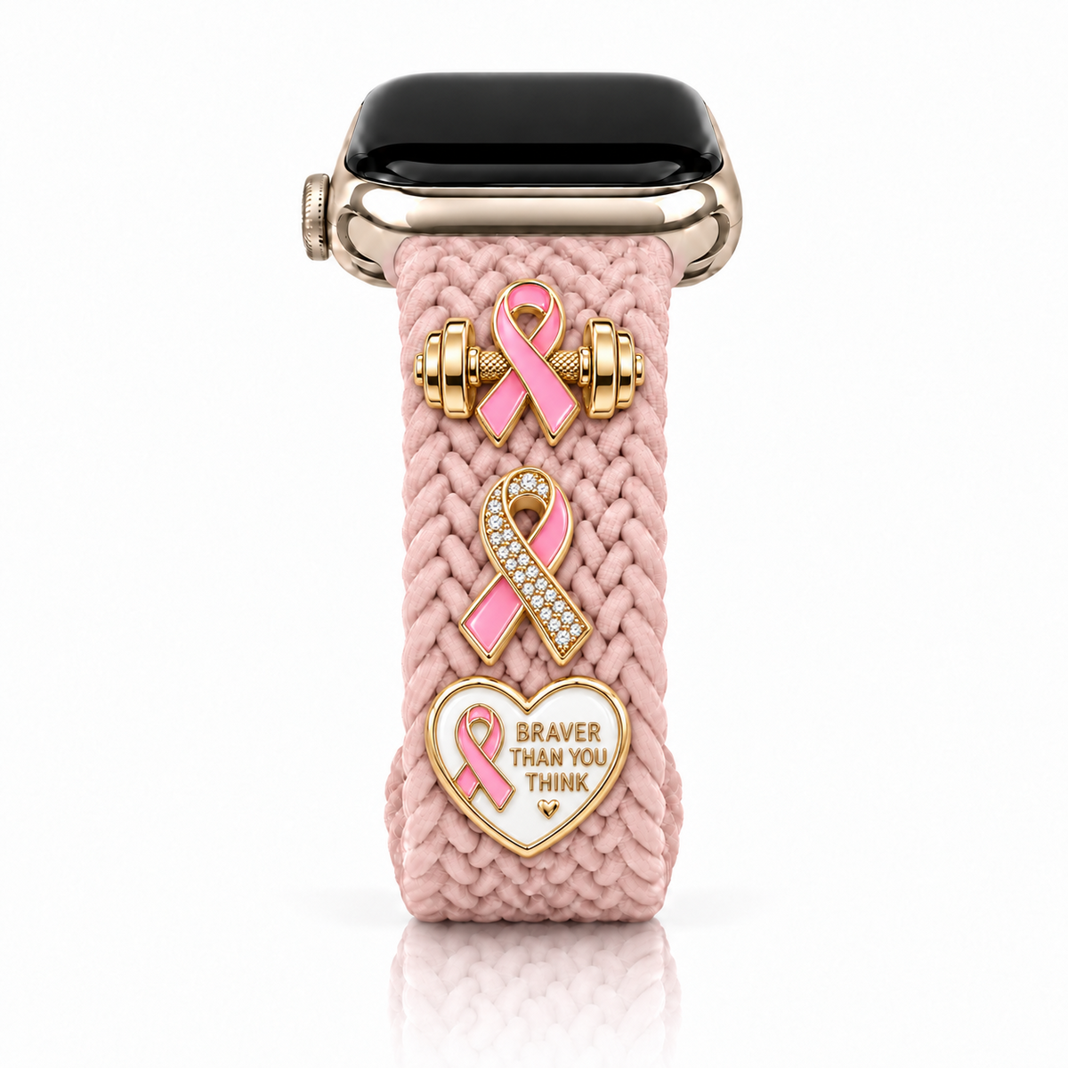 The Cloud Watchband - Blushing Pearls with three Breast Cancer Awareness screw-back charms