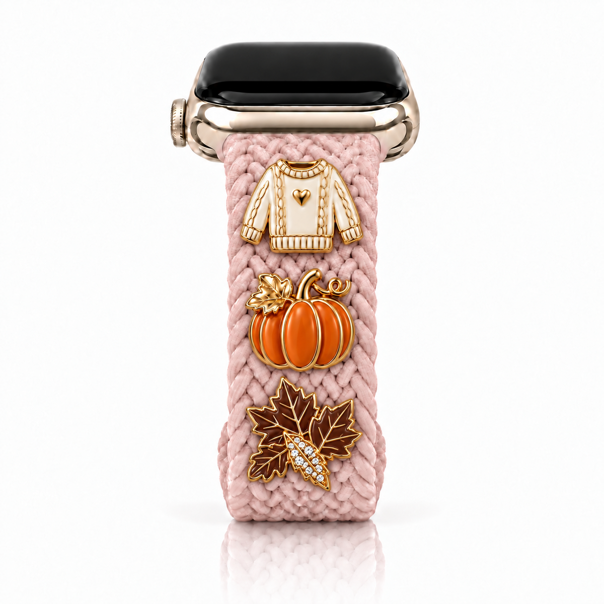 The Cloud Watchband - Blushing Pearls with three Fall screw-back charms and dark brown leaf