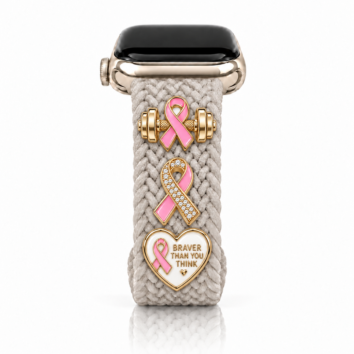 The Cloud Watchband - Caribbean Sand with three Breast Cancer Awareness screw-back charms