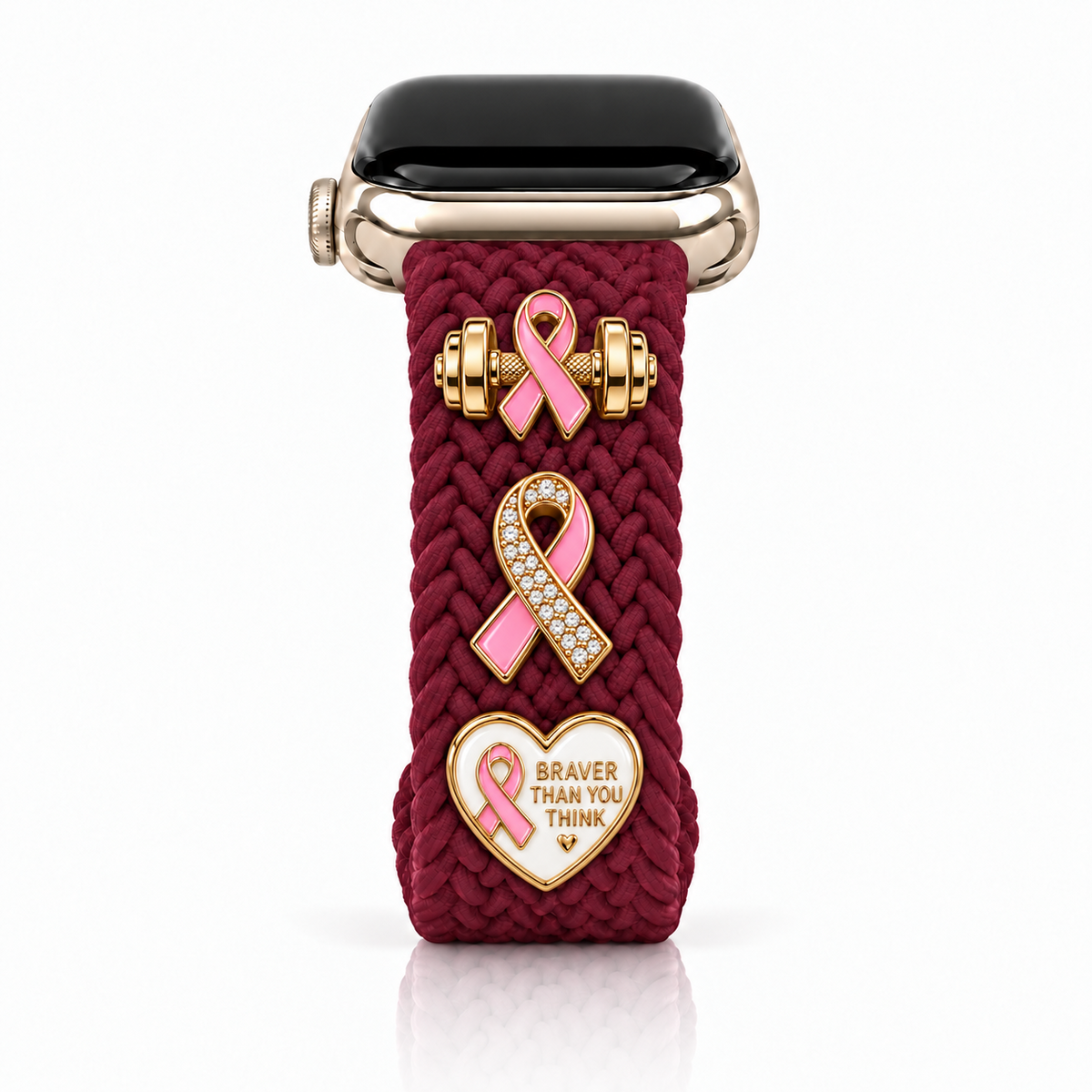 The Cloud Watchband - Cherry Merlot with three Breast Cancer Awareness screw-back charms