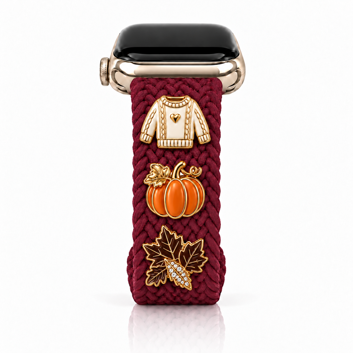 The Cloud Watchband - Cherry Merlot with three Fall screw-back charms and dark brown leaf