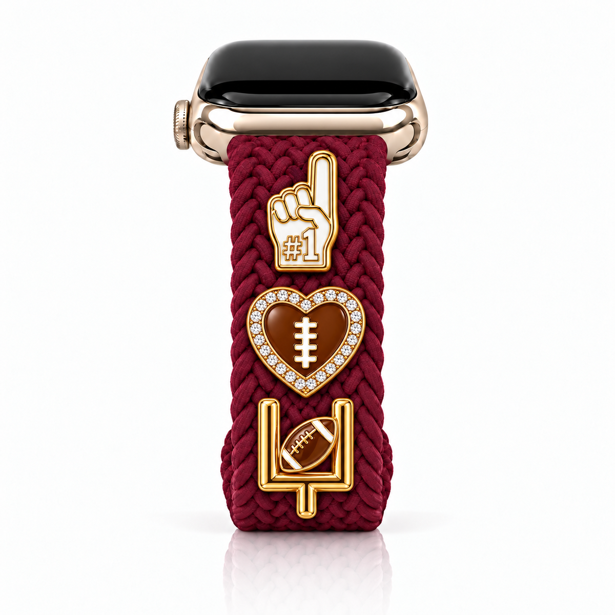 Cherry Merlot Cloud Watchband with three Football ‘26 charms arranged vertically