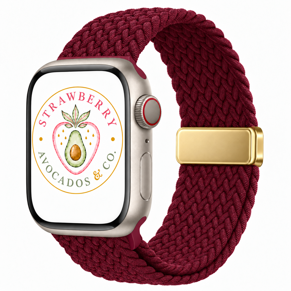 The Cloud Watchband - Cherry Merlot with gold clasp and Strawberry Avocados & Co. watch face