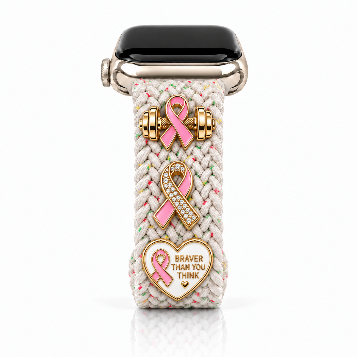 The Cloud Watchband - Confetti Wishes with three Breast Cancer Awareness screw-back charms