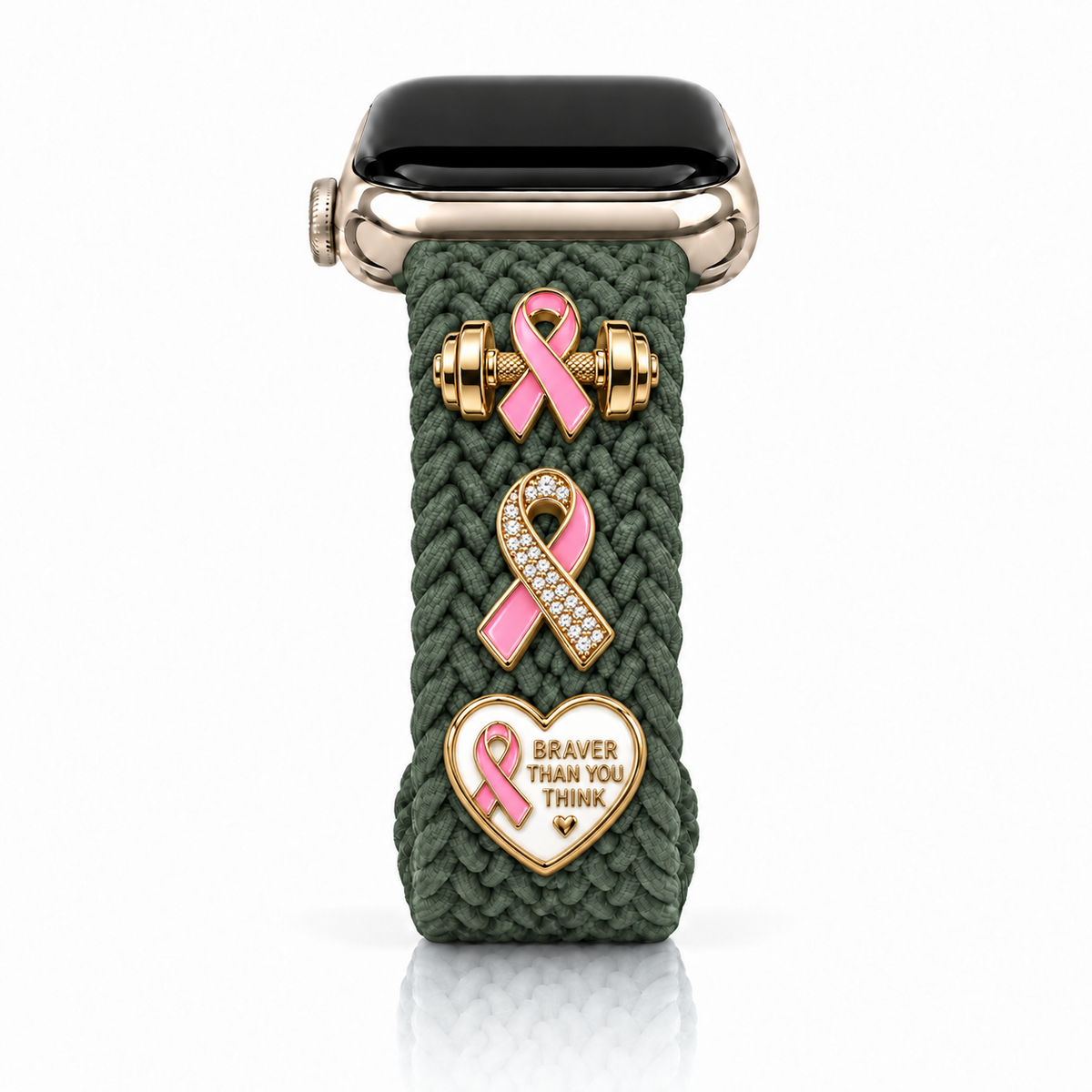 The Cloud Watchband - Enchanted Olive with three Breast Cancer Awareness screw-back charms