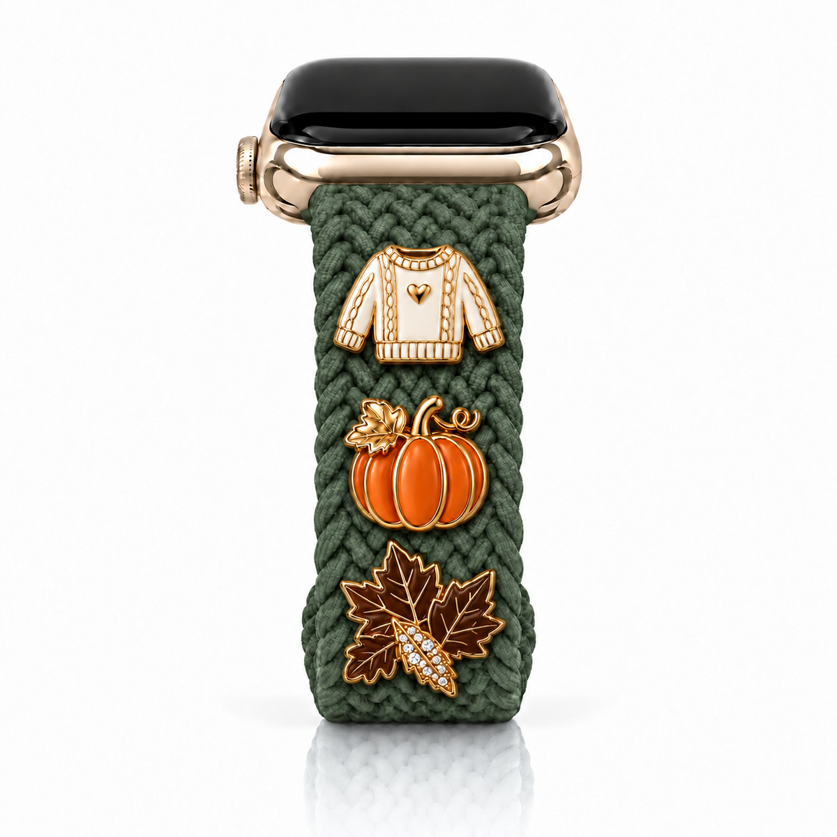 The Cloud Watchband - Enchanted Olive with three Fall screw-back charms and dark brown leaf