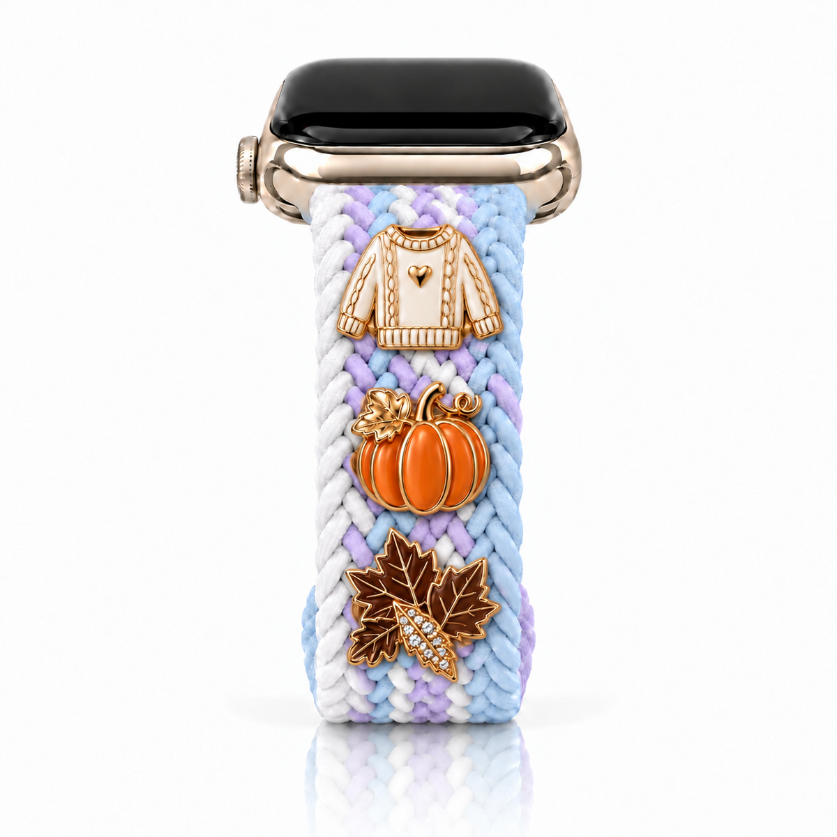 The Cloud Watchband - Lavender Skies with three Fall screw-back charms and dark brown leaf
