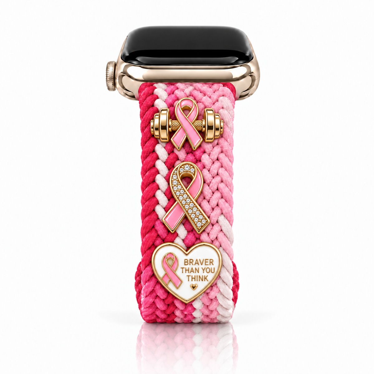 The Cloud Watchband - Raspberry Lemonade with three Breast Cancer Awareness screw-back charms
