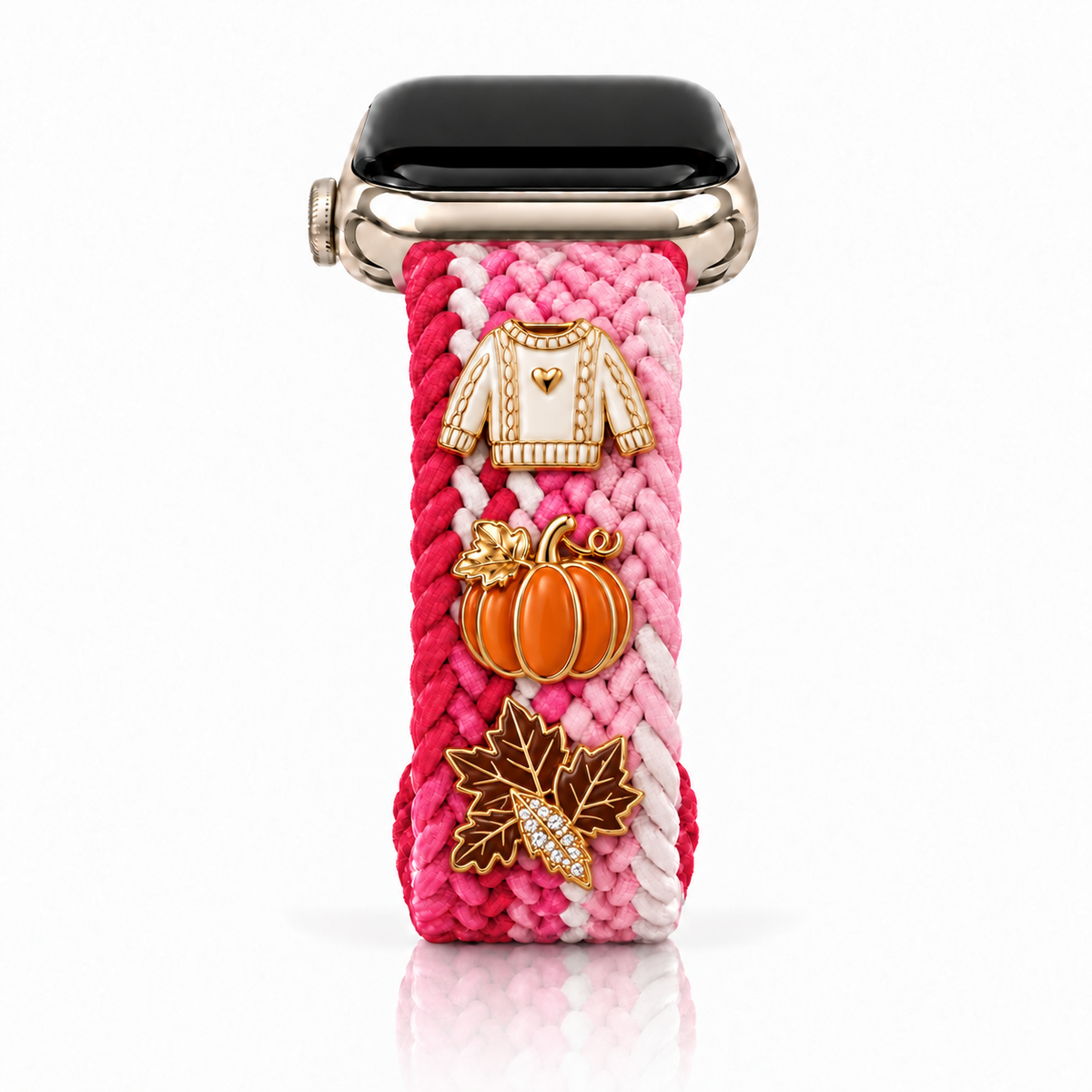 The Cloud Watchband - Raspberry Lemonade with three Fall screw-back charms and dark brown leaf