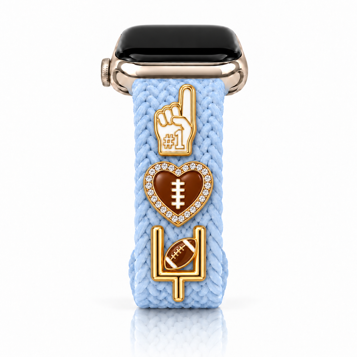 The Cloud Watchband-Bluebell Breeze with three Football ‘26 charms arranged vertically