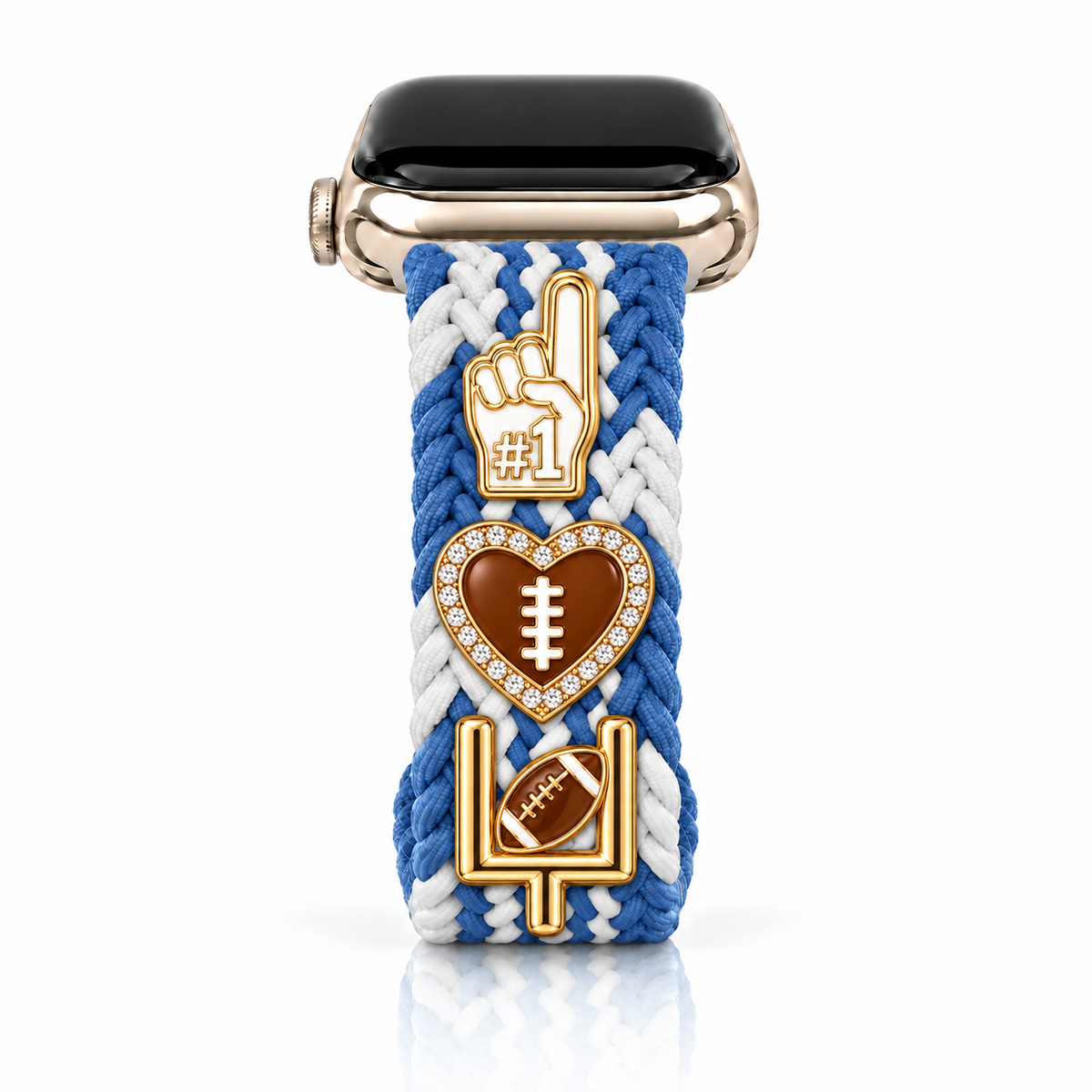 The Cloud Watchband-Bluebell Whimsy with three Football ‘26 charms arranged vertically