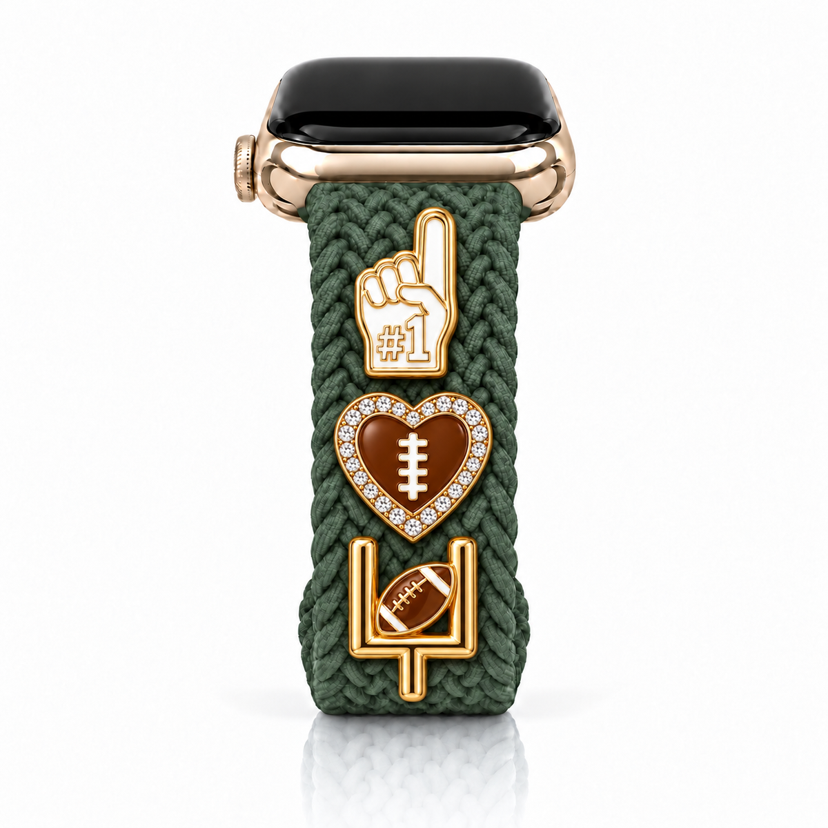 The Cloud Watchband-Enchanted Olive with three Football ‘26 charms arranged vertically