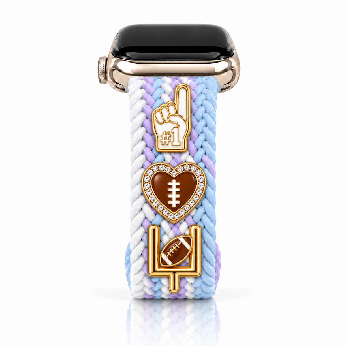 The Cloud Watchband-Lavender Skies with three Football ‘26 charms arranged vertically