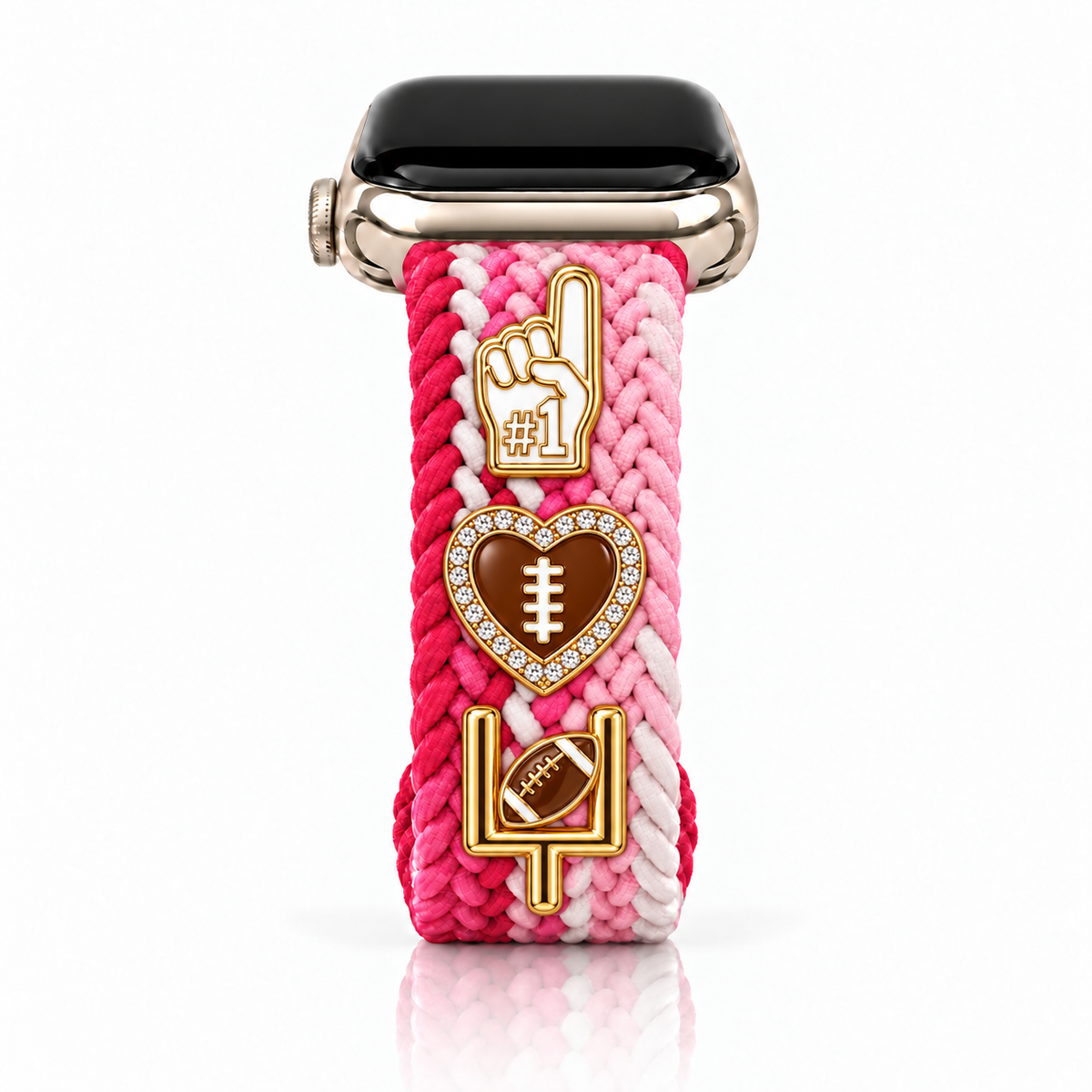 The Cloud Watchband-Raspberry Lemonade with three Football ‘26 charms arranged vertically