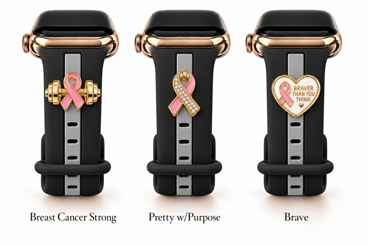 Skye Black & Gray Smart Watch Band with Breast Cancer Strong, Pretty w/Purpose, and Brave charms