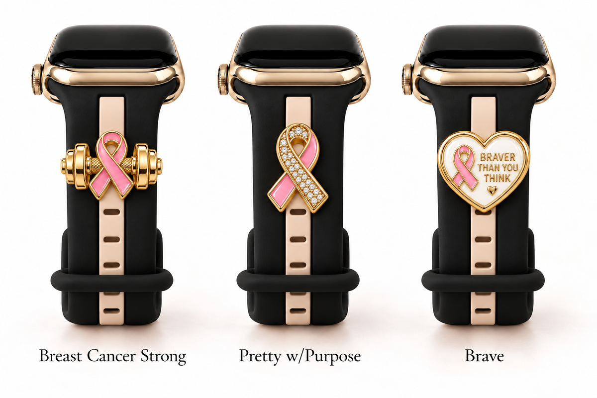 Skye Black & Nude Sand Smart Watch Band with Breast Cancer Strong, Pretty w/Purpose, and Brave charms