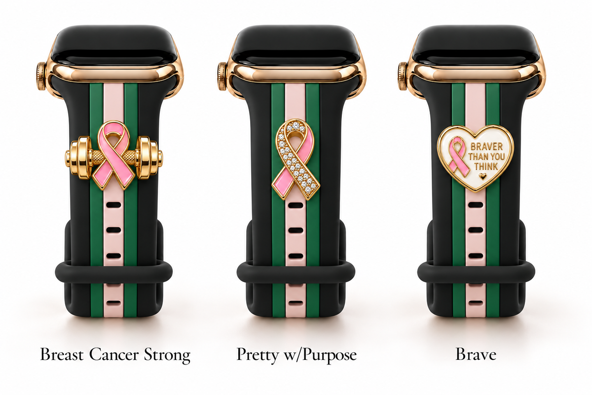 Skye Black/Pink/Green Smart Watch Band with Breast Cancer Strong, Pretty w/Purpose, and Brave charms