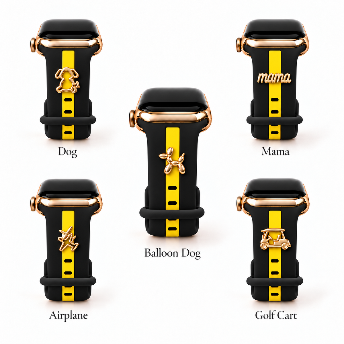 Skye Black & Yellow with Dog, Mama, Balloon Dog, Airplane and Golf Cart charms