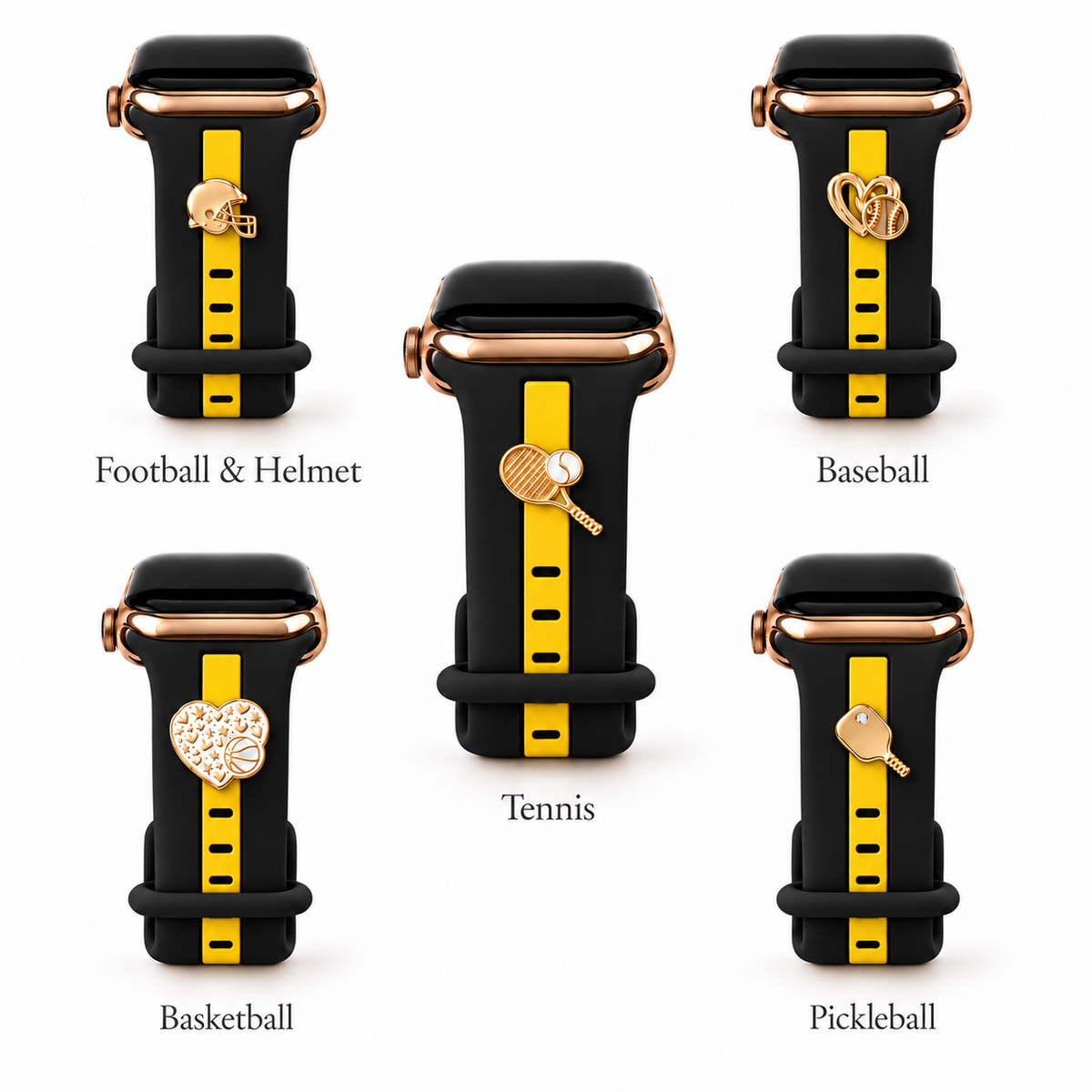 Skye Black & Yellow with Football, Baseball, Tennis, Basketball and Pickleball charms