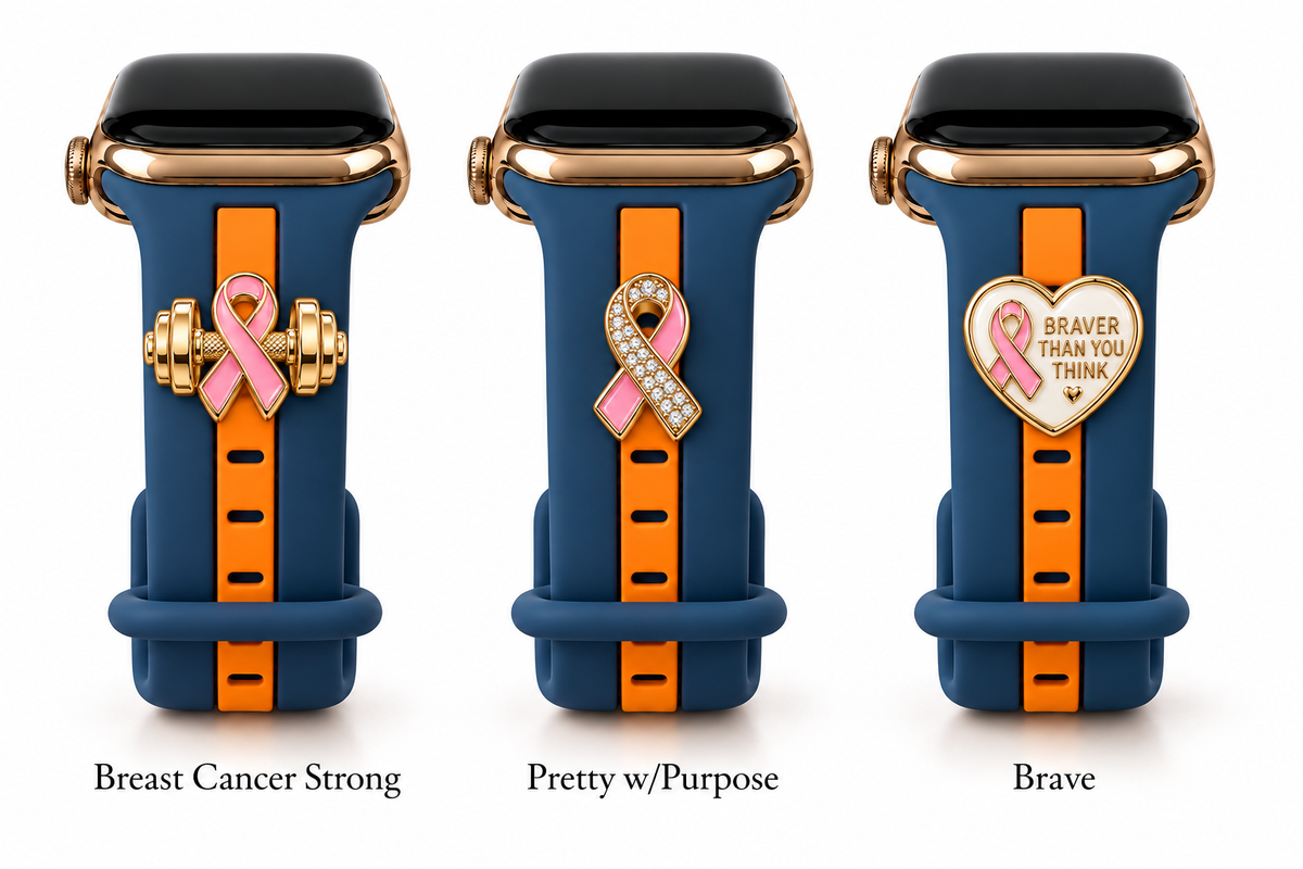Skye Blue & Orange Smart Watch Band with Breast Cancer Strong, Pretty w/Purpose, and Brave charms