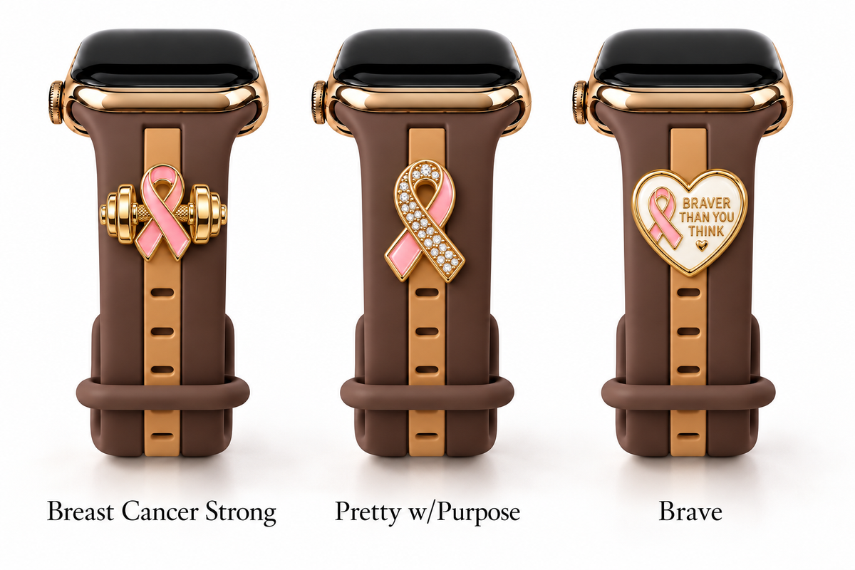 Skye Cocoa & Caramel Smart Watch Band with Breast Cancer Strong, Pretty w/Purpose, and Brave charms