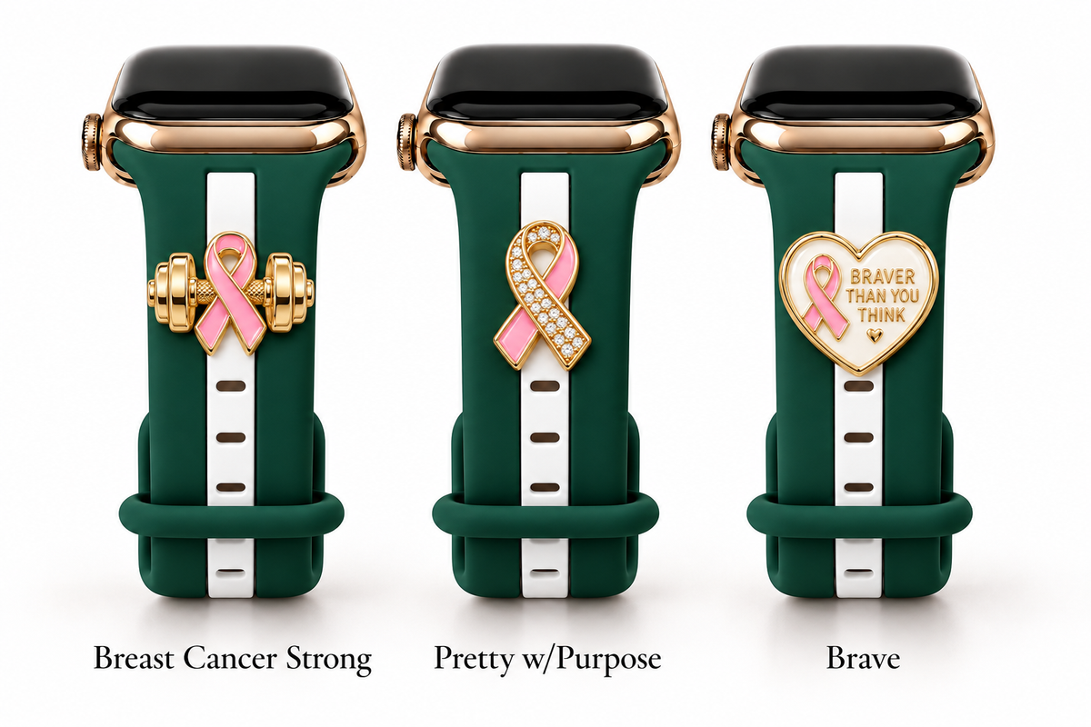 Skye Forest Green Smart Watch Band with Breast Cancer Strong, Pretty w/Purpose, and Brave charms