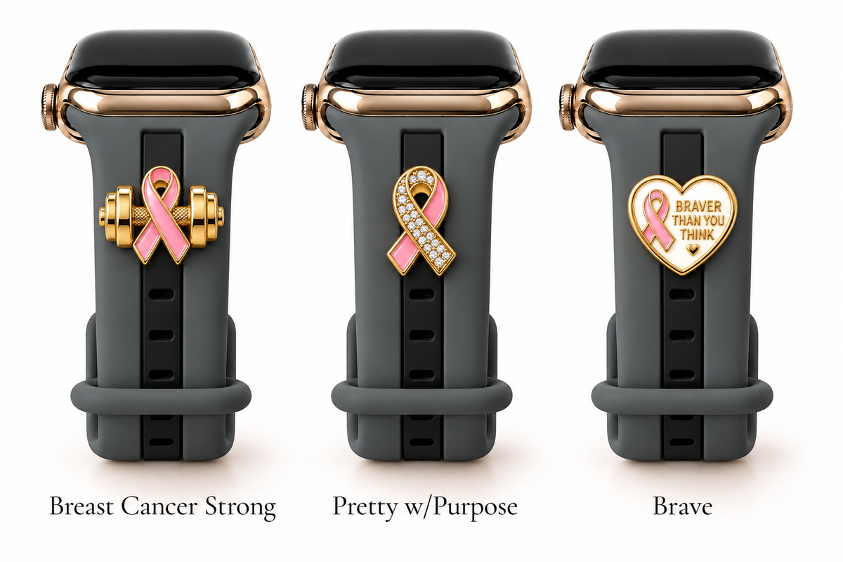 Skye Gray & Black Smart Watch Band with Breast Cancer Strong, Pretty w/Purpose, and Brave charms