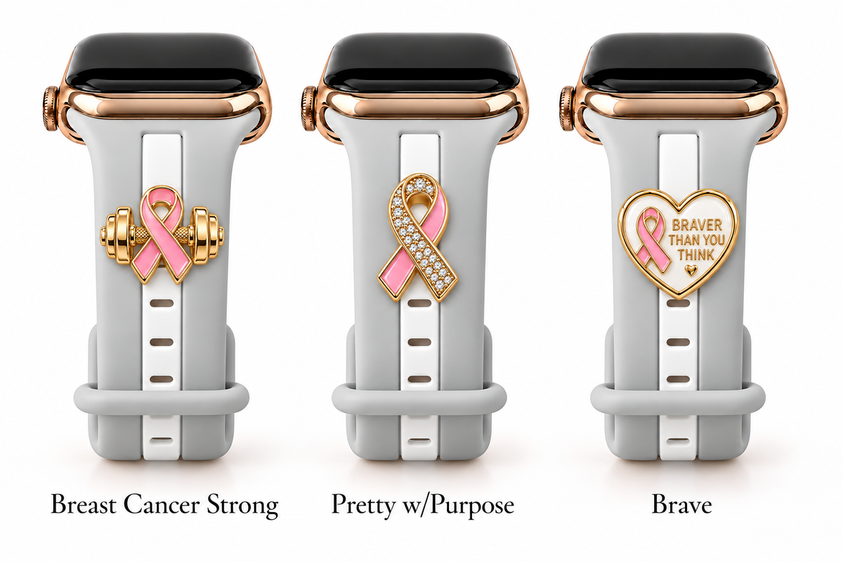 Skye Gray & White Smart Watch Band with Breast Cancer Strong, Pretty w/Purpose, and Brave charms