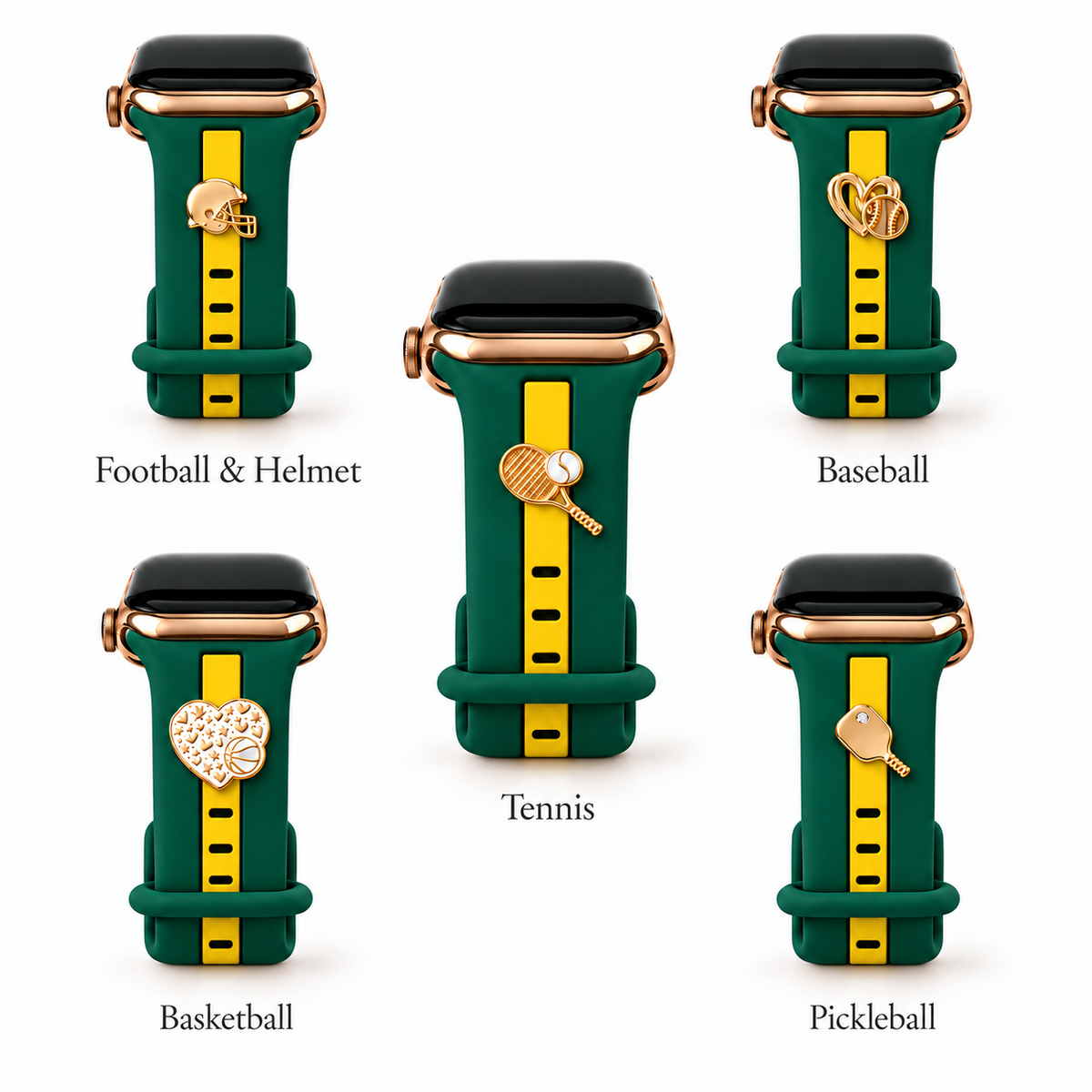 Skye Green & Yellow with Football, Baseball, Tennis, Basketball and Pickleball charms