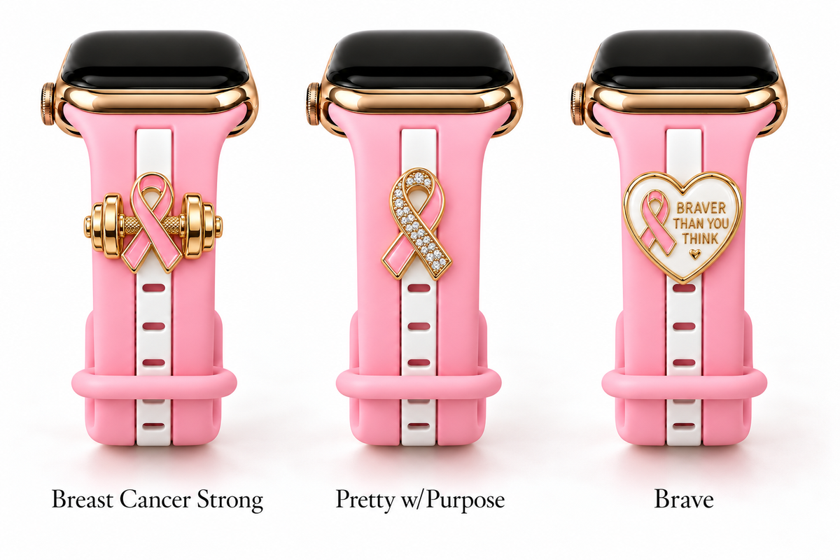 Skye "It Girl" Doll Pink Smart Watch Band with Breast Cancer Strong, Pretty w/Purpose, and Brave charms