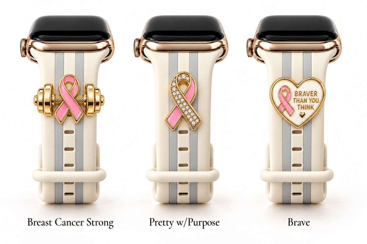 Skye Ivory & Gray Smart Watch Band with Breast Cancer Strong, Pretty w/Purpose, and Brave charms