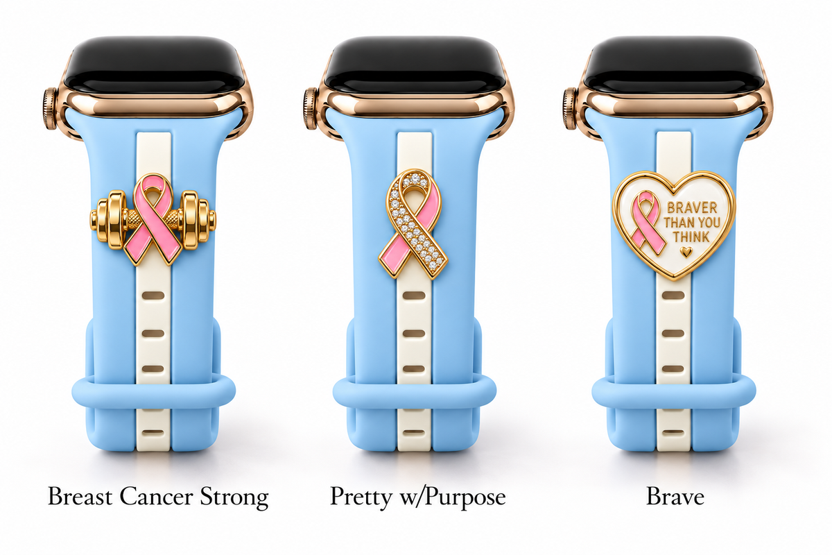 Skye Lady Daphne B Blue Smart Watch Band with Breast Cancer Strong, Pretty w/Purpose, and Brave charms