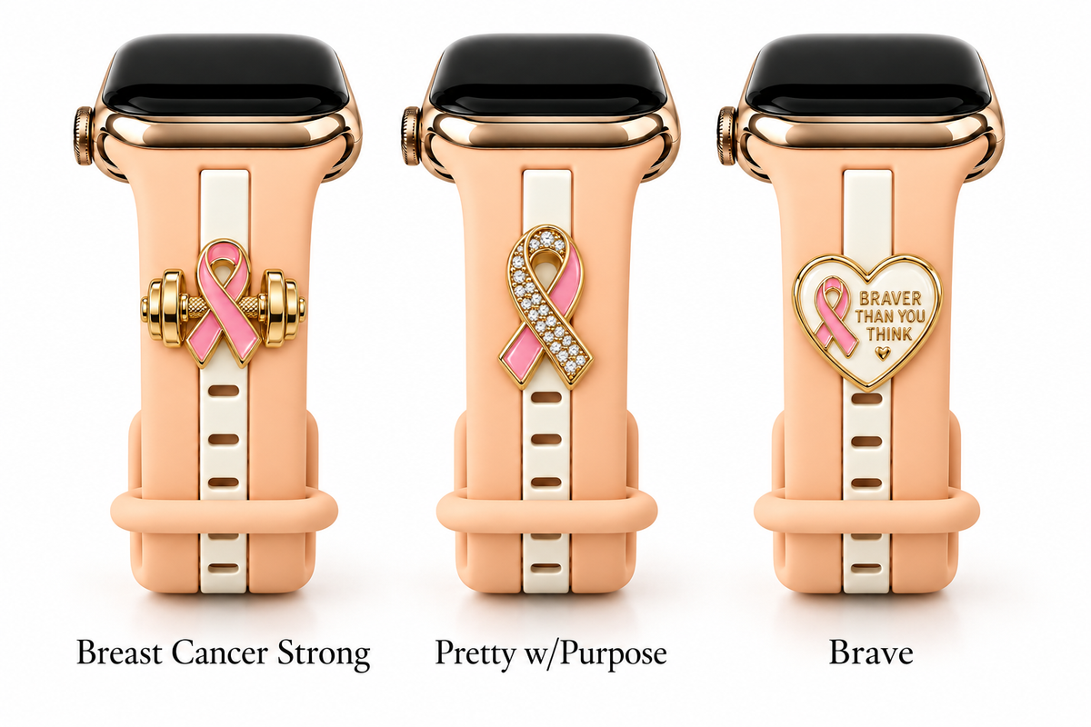 Skye Lady Penelope Peach Smart Watch Band with Breast Cancer Strong, Pretty w/Purpose, and Brave charms
