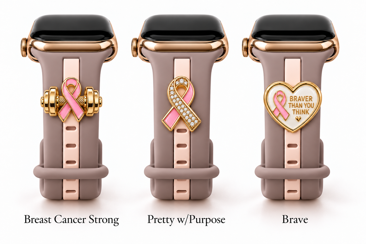 Skye Mauve & Blush Smart Watch Band with Breast Cancer Strong, Pretty w/Purpose, and Brave charms