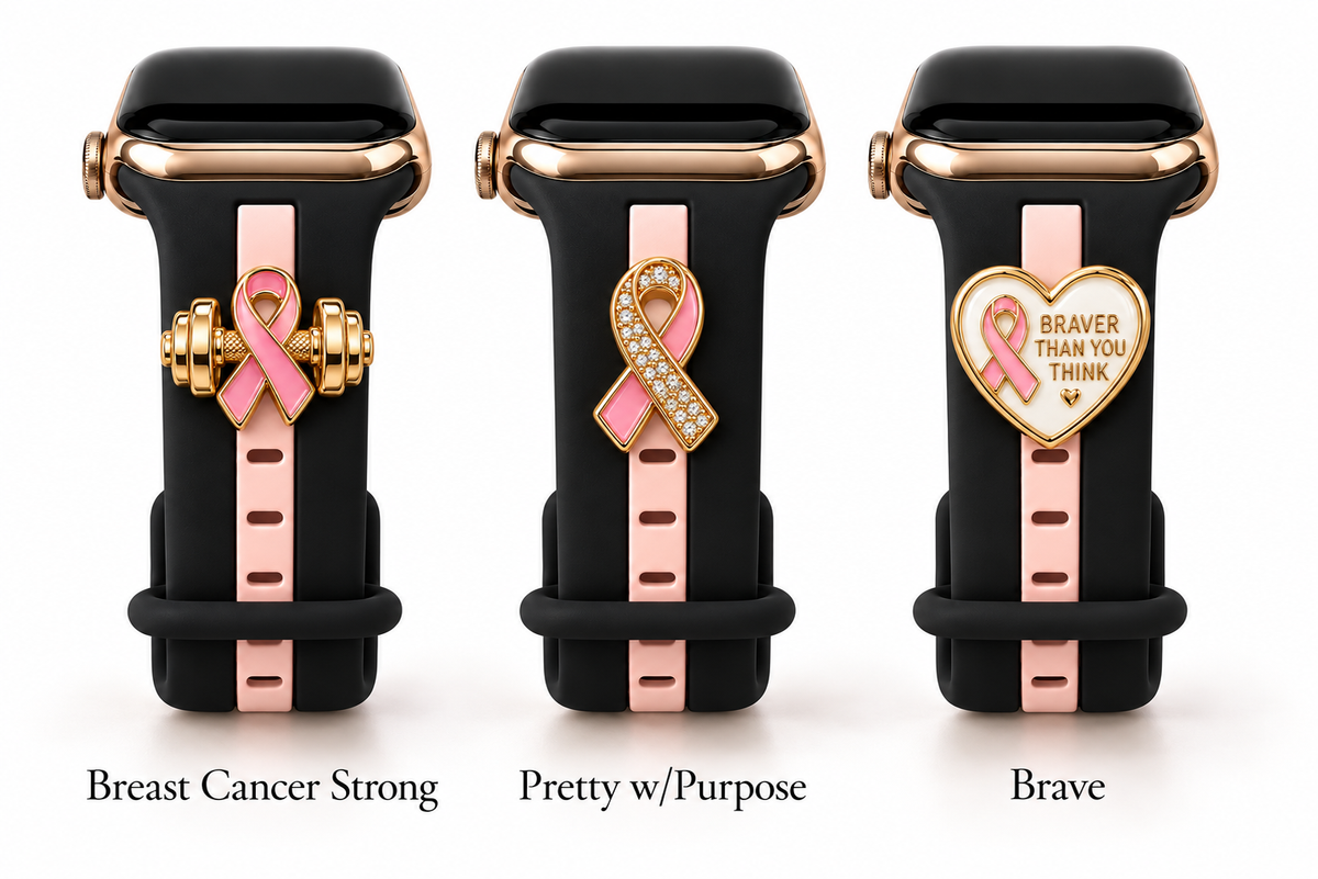 Skye Midnight Black & Pink Smart Watch Band with Breast Cancer Strong, Pretty w/Purpose, and Brave charms