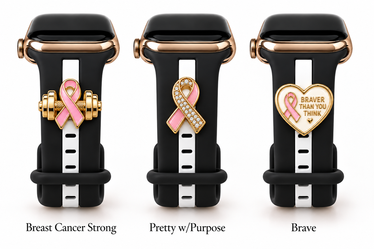 Skye Midnight Black & White Smart Watch Band with Breast Cancer Strong, Pretty w/Purpose, and Brave charms