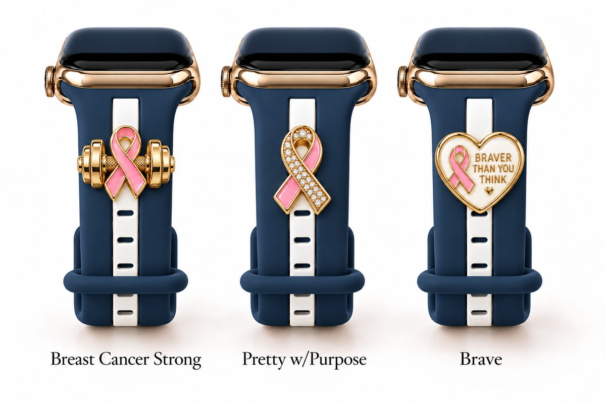 Skye Nautical Blue & White Smart Watch Band with Breast Cancer Strong, Pretty w/Purpose, and Brave charms