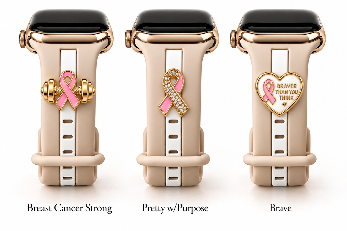 Skye Nude Sand and White Smart Watch Band with Breast Cancer Strong, Pretty w/Purpose, and Brave charms