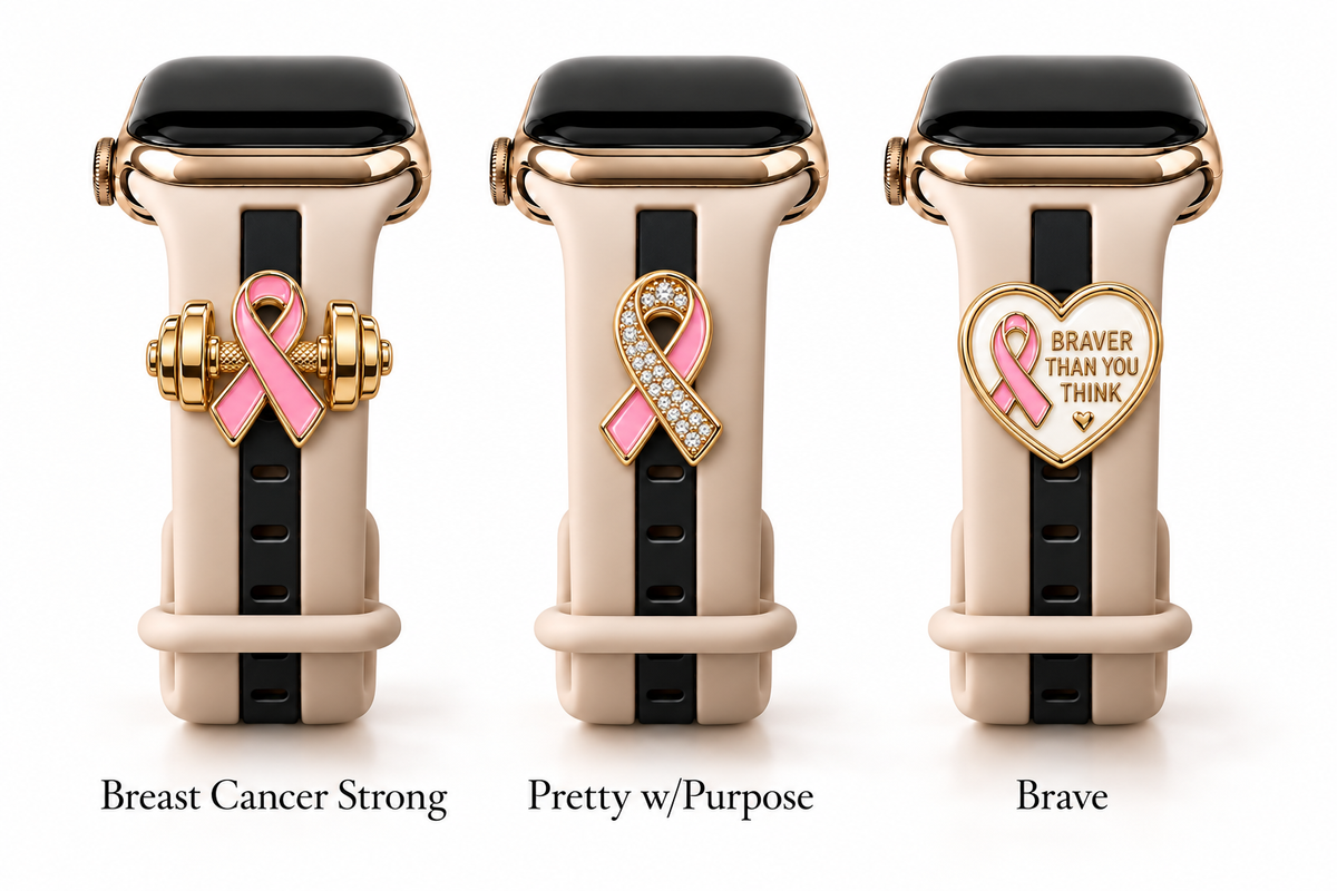 Skye Nude Sand & Black Smart Watch Band with Breast Cancer Strong, Pretty w/Purpose, and Brave charms