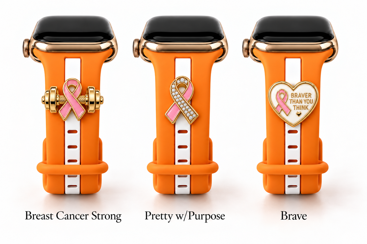 Skye Orange & White Smart Watch Band with Breast Cancer Strong, Pretty w/Purpose, and Brave charms