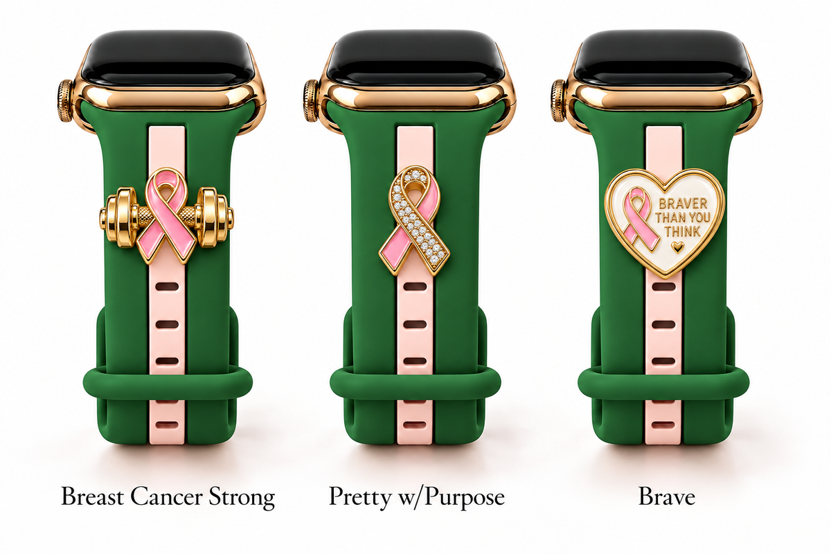 Skye Pink & Green Smart Watch Band with Breast Cancer Strong, Pretty w/Purpose, and Brave charms